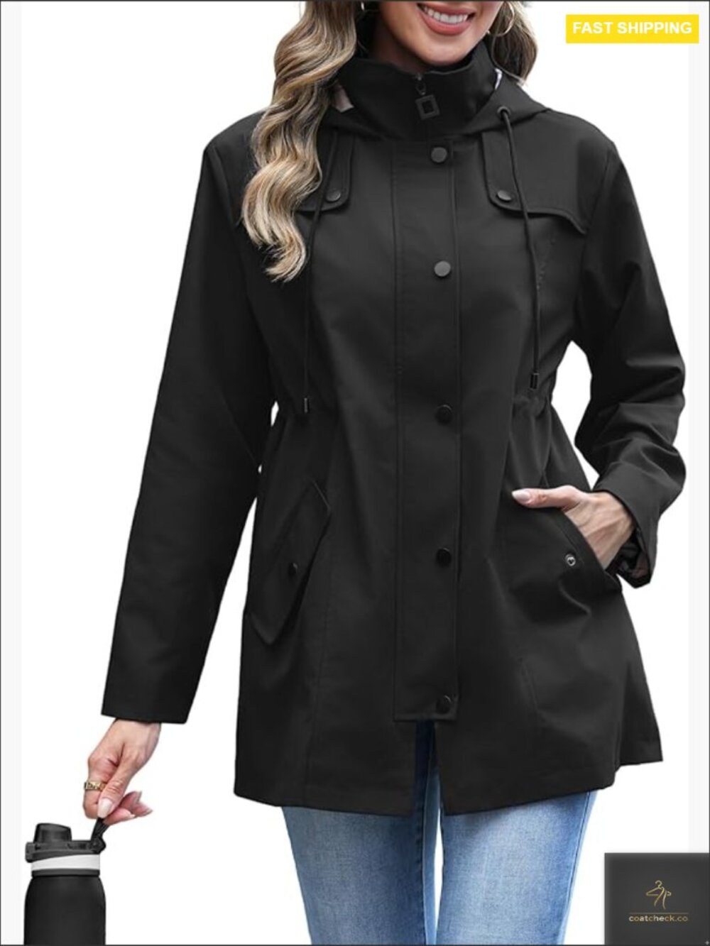 Waterproof Long Hooded Trench Coat Windbreaker Jacket With Adjustable Waist